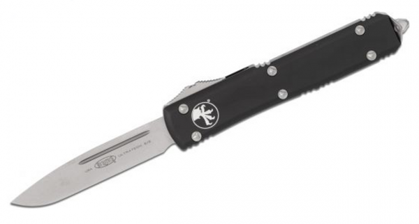 Microtech UT OTF Stonewashed Plain Blade, Black Alum Handles